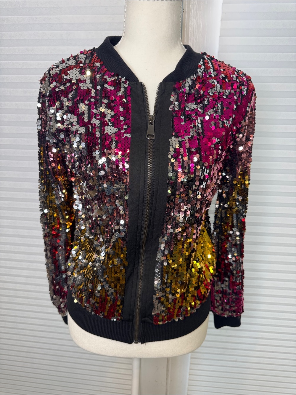 Sequin Bomber Jacket in Fuchsia, Gold & Black Trim 1370